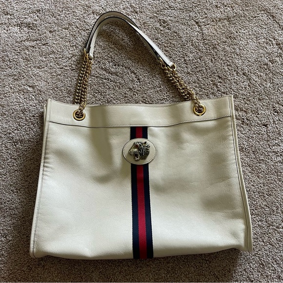 Authentic Gucci Rajah Large White Leather Tote Shoulder Bag Sherry Tiger 537219 - Picture 2 of 16
